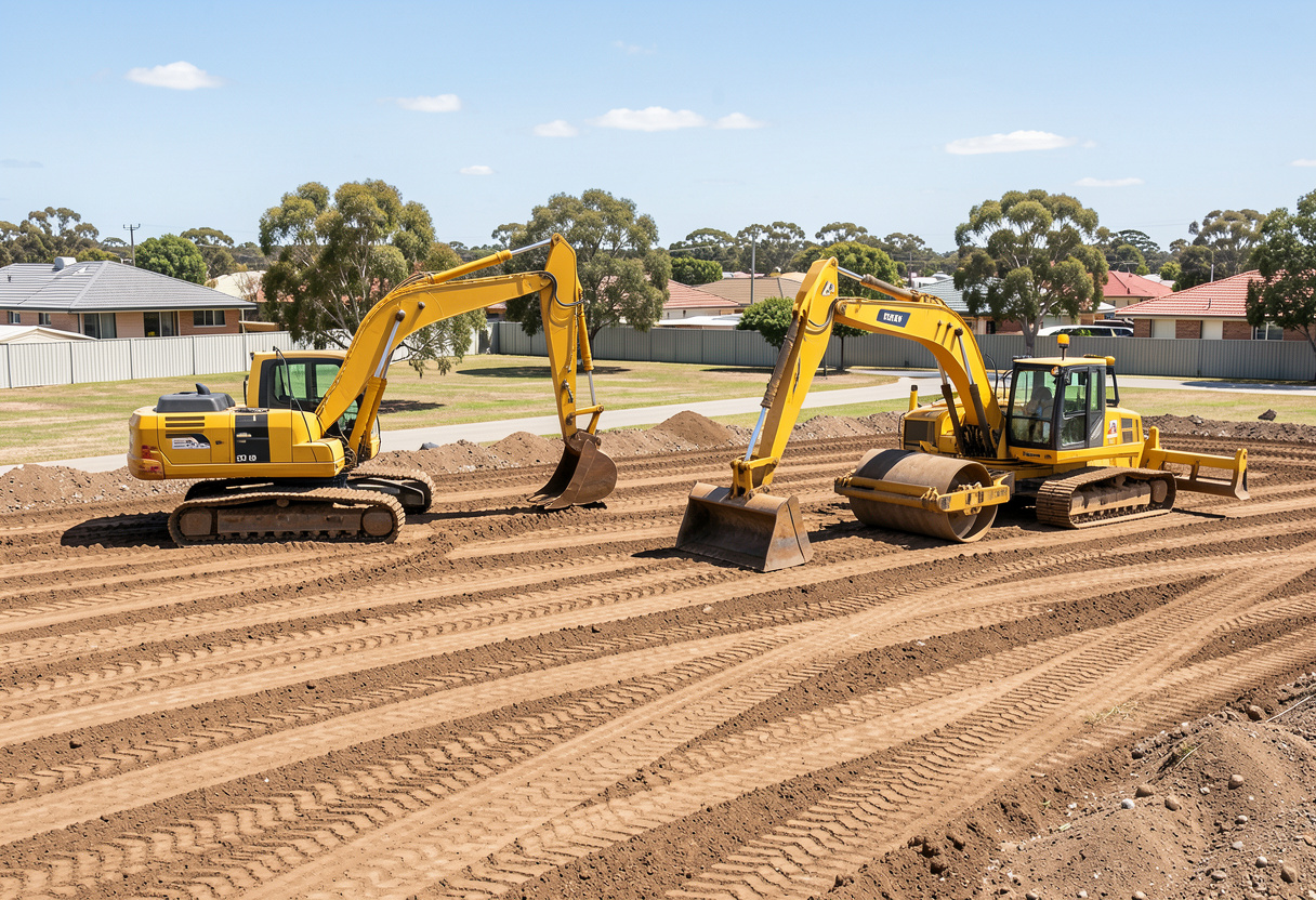 Professional Site Preparation photography showing multiple pieces of earthmoving equipment