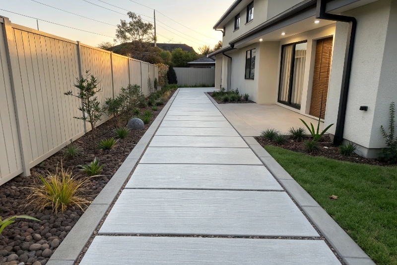 Broom finish concrete pathway with horizontal brush texture in Australian residential backyard