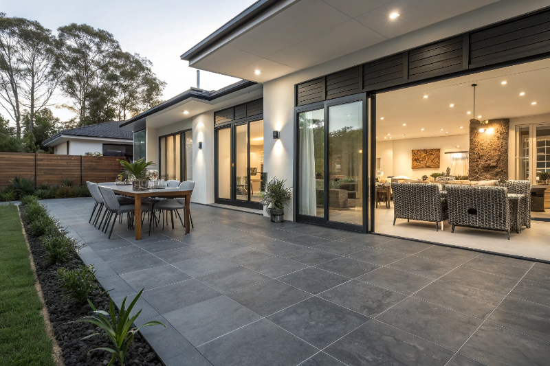 Charcoal grey coloured concrete patio creating modern outdoor entertainment area in Newcastle home