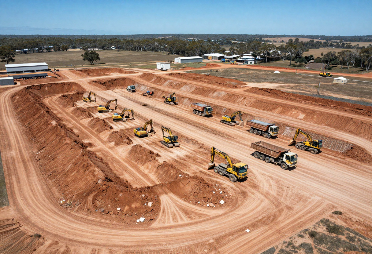 commercial construction site with bulk excavation in progress,