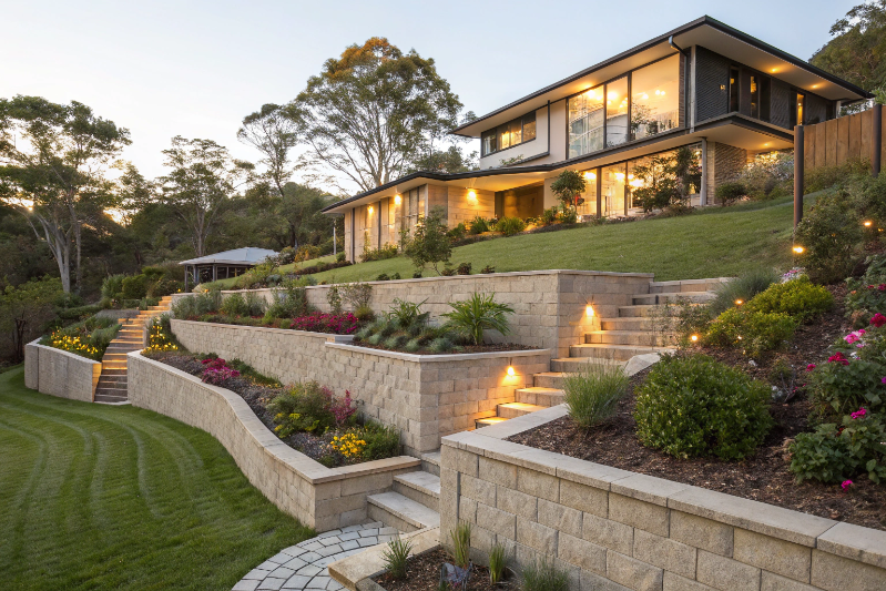 Concrete block retaining walls creating terraced garden levels on Newcastle coastal property