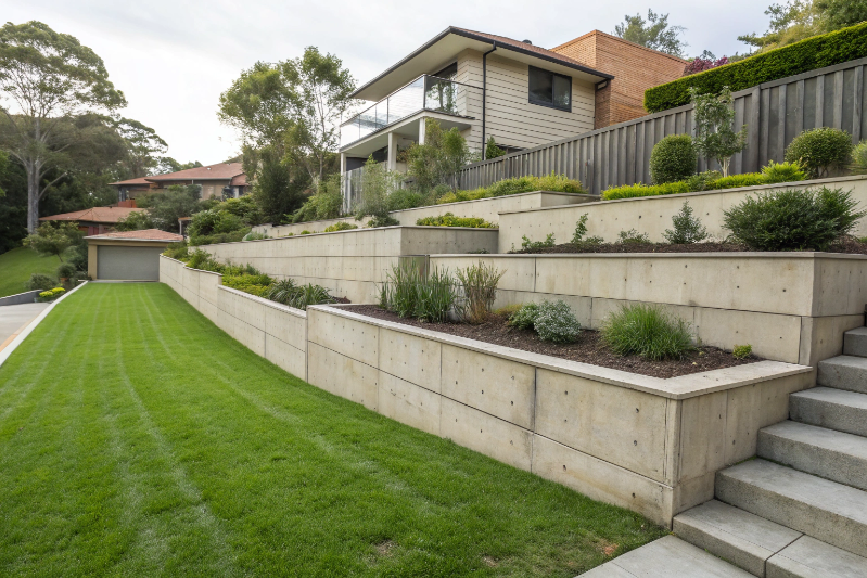 Concrete retaining wall creating level terraces on sloping Newcastle backyard with landscaped garden