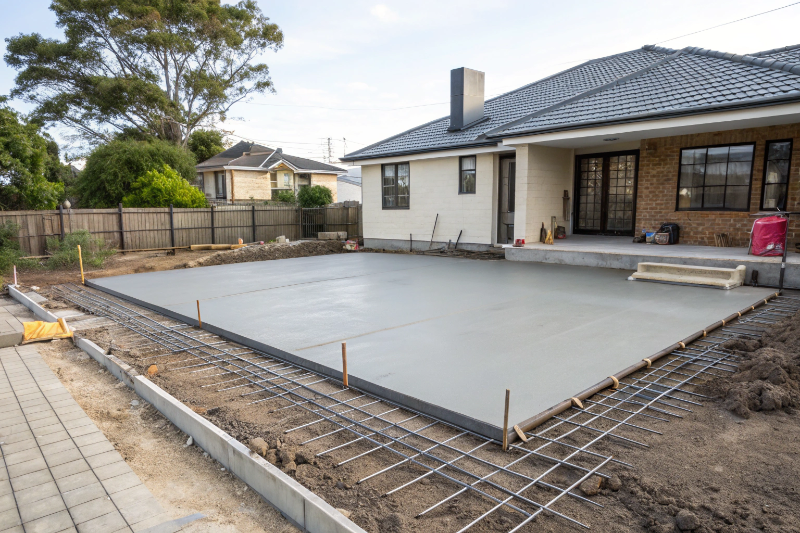 Concrete slab foundation for home extension in Merewether
