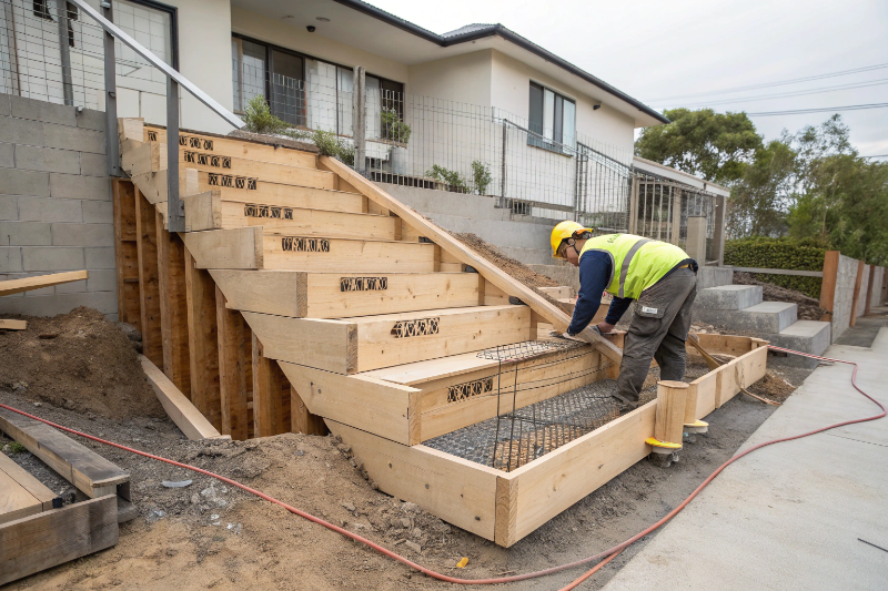 Concrete step construction process showing formwork and steel reinforcement installation for Newcastle residential project