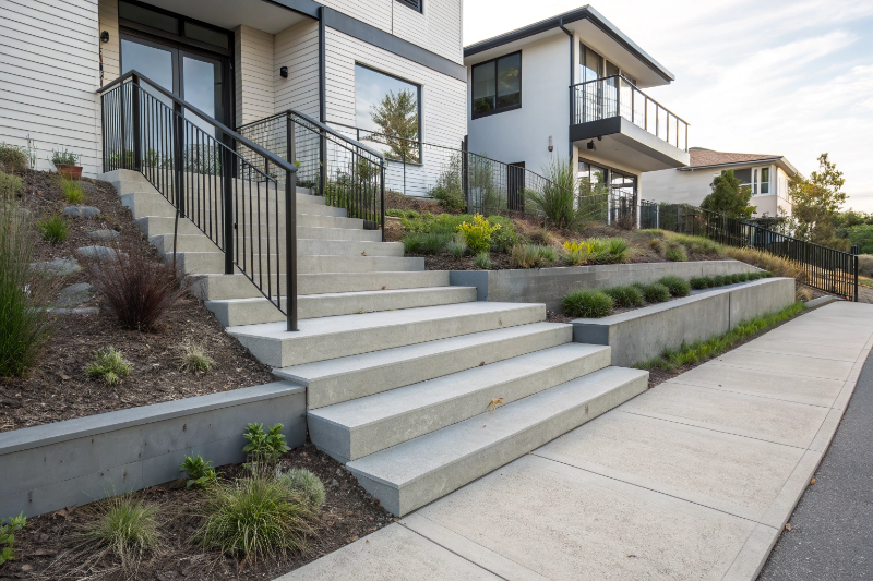 Professional concrete front entry steps with exposed aggregate finish and handrail at Newcastle home