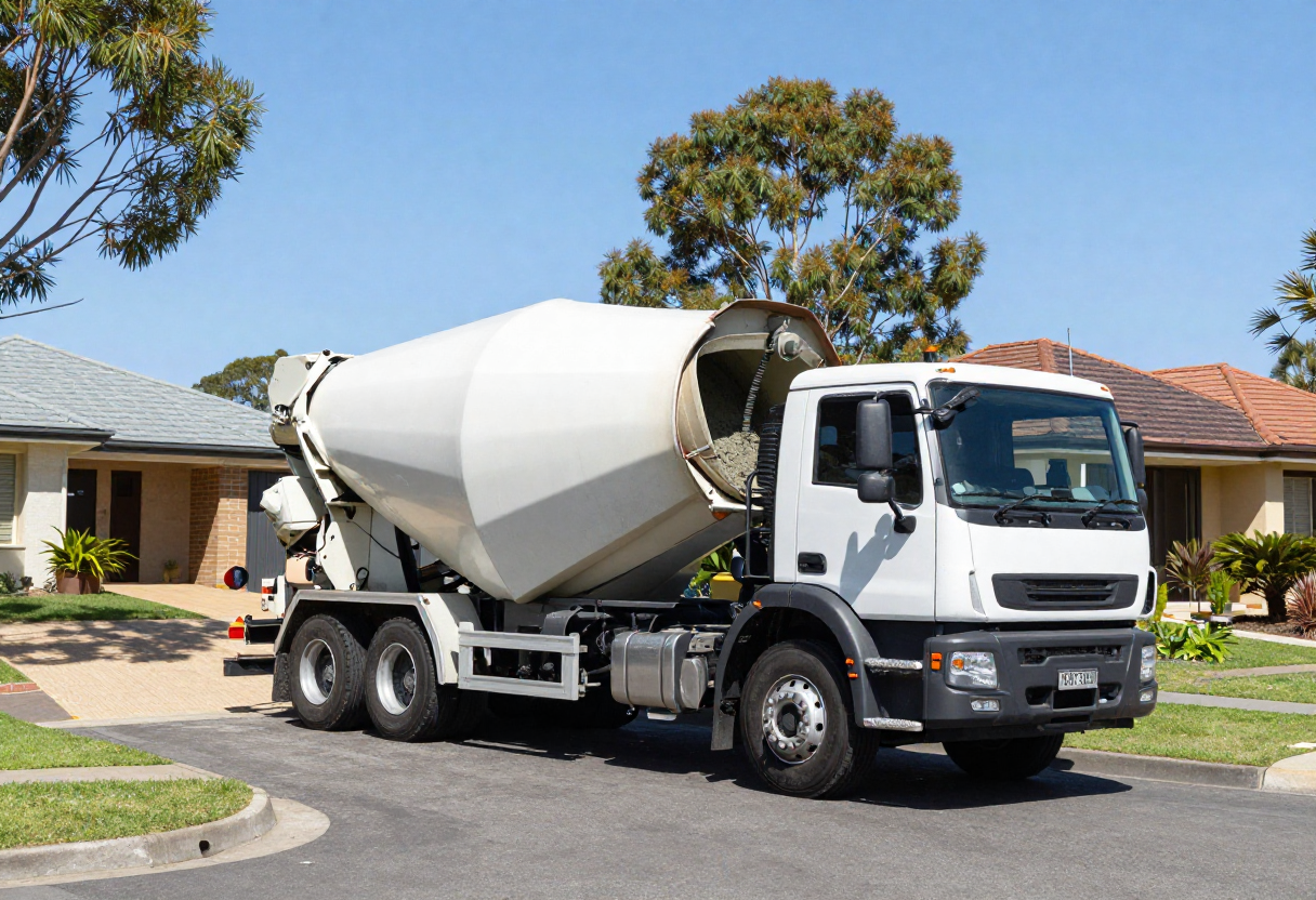 concrete supplier truck with rotating drum on a clean residential driveway in Newcastle