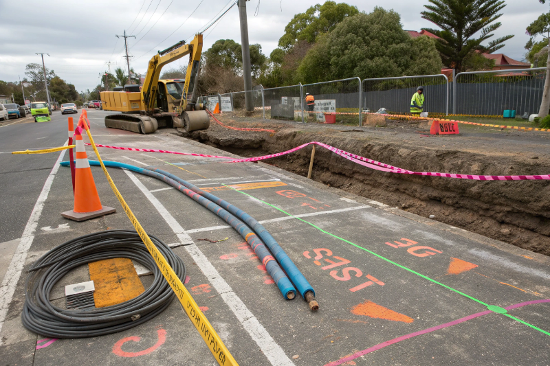 Underground utility service markings on Newcastle excavation site showing Dial Before You Dig compliance
