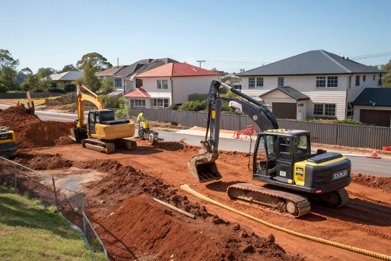 Excavating contractor Newcastle operating multiple sized excavators on residential construction site