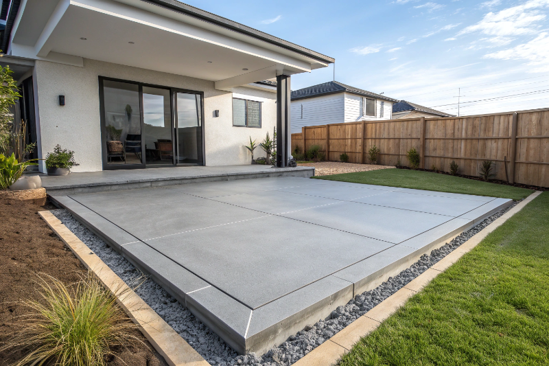 Completed smooth concrete patio slab in Newcastle residential backyard