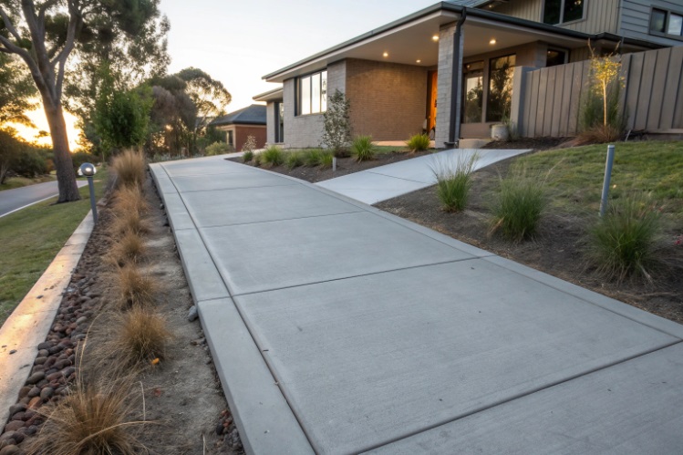 Freshly poured concrete footpath leading to modern Newcastle home with smooth finish