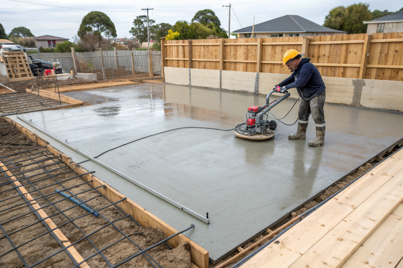 Freshly poured garage slab in Newcastle being finished with power trowel showing smooth concrete surface