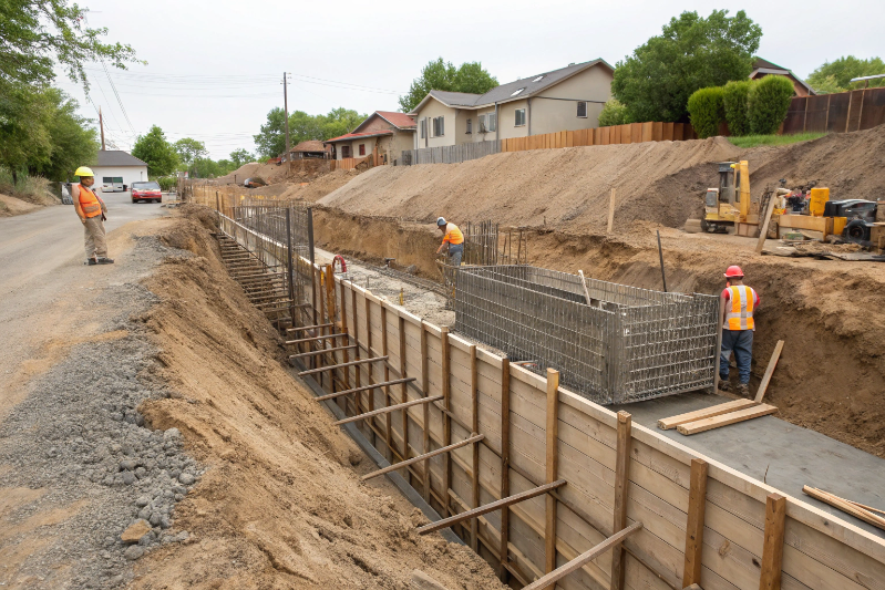 Construction of poured concrete retaining wall showing steel reinforcement and formwork on Newcastle property