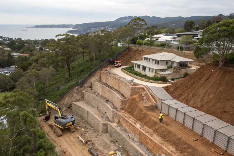 Sloping block excavation Newcastle showing tiered cut and fill work with retaining walls