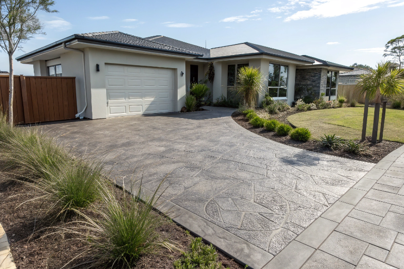 Stamped concrete driveway with ashlar slate pattern at Newcastle home