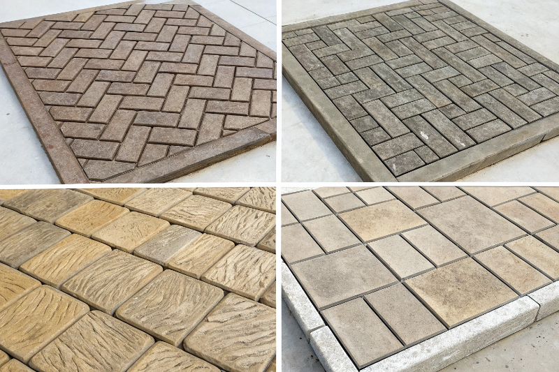 stamped-concrete-pattern-options-comparison Comparison of popular stamped concrete patterns including herringbone, cobblestone, flagstone and wood plank