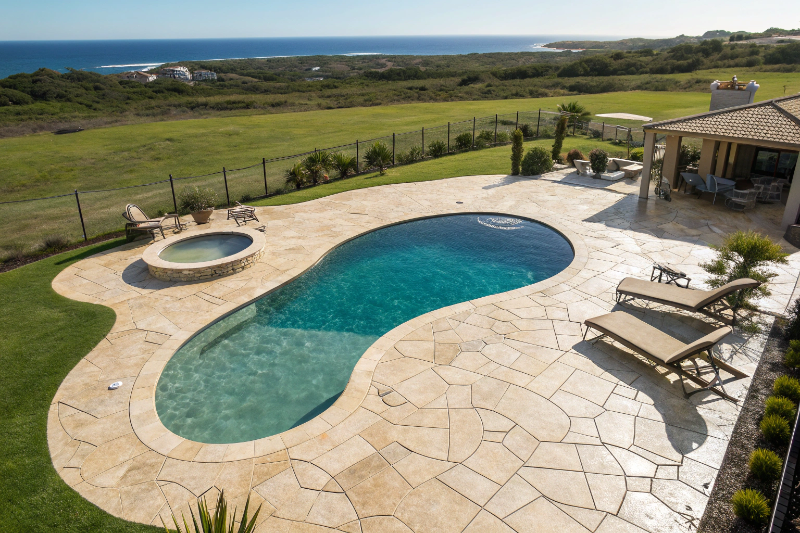 Stamped concrete pool surround with travertine pattern in Newcastle backyard
