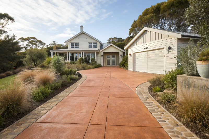 Terracotta coloured concrete driveway complementing coastal weatherboard home in Newcastle