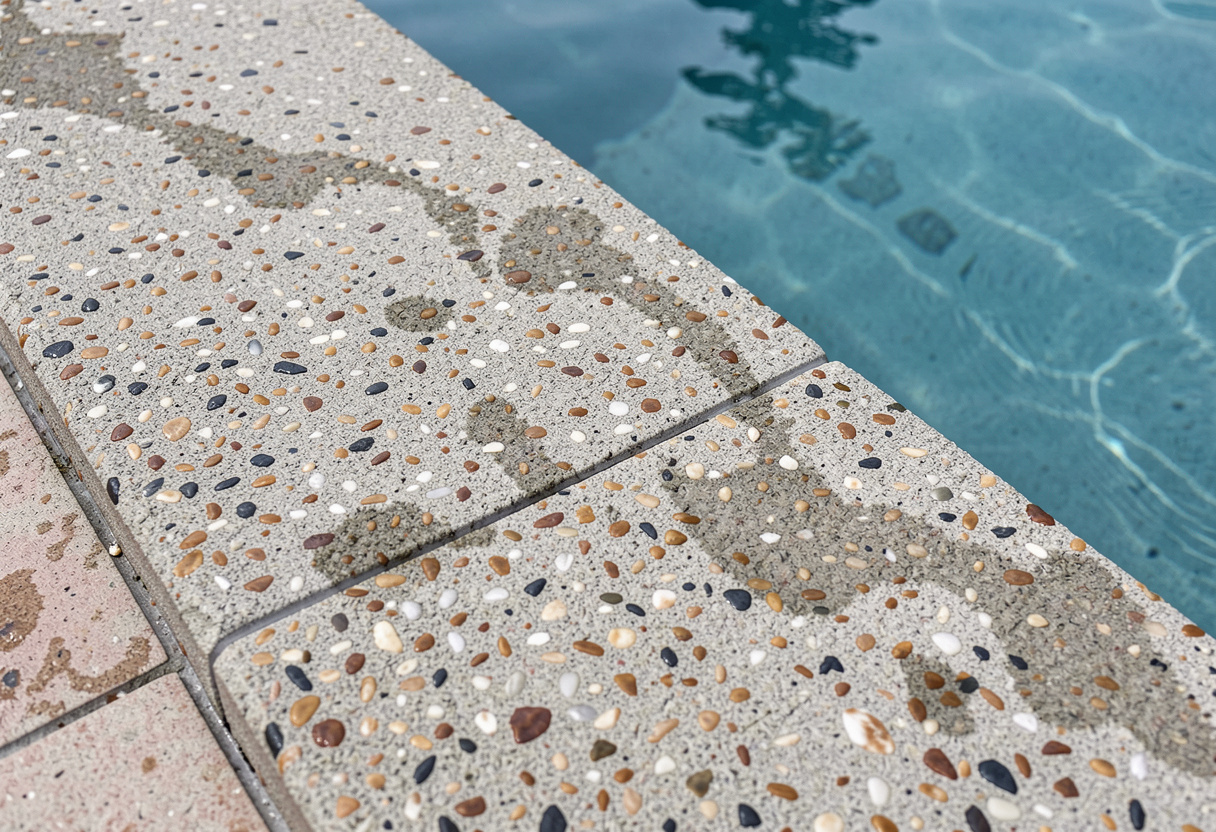 textured exposed aggregate concrete pool surround meeting pool edge