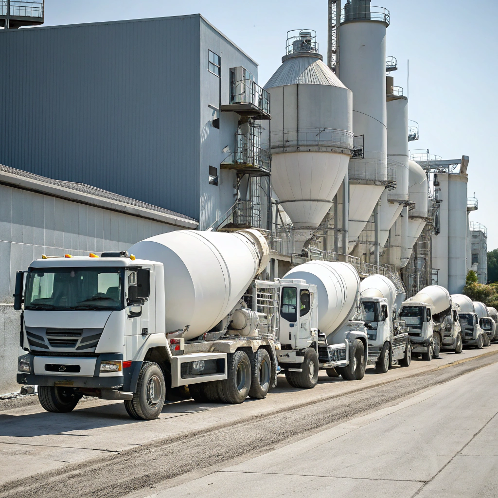 Fleet of concrete mixer trucks at A1 Concreters batching plant for bulk concrete supply Newcastle