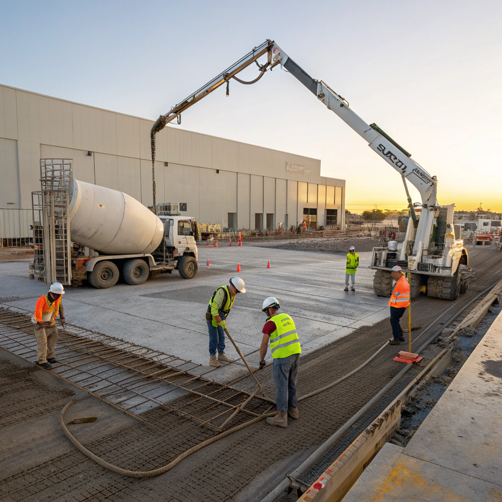 Large volume concrete pour in progress for Newcastle commercial warehouse slab construction