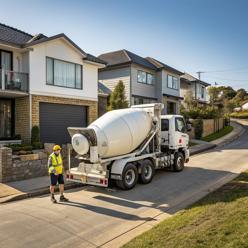 Concrete delivery truck arriving at Newcastle residential site with driver preparing for pour