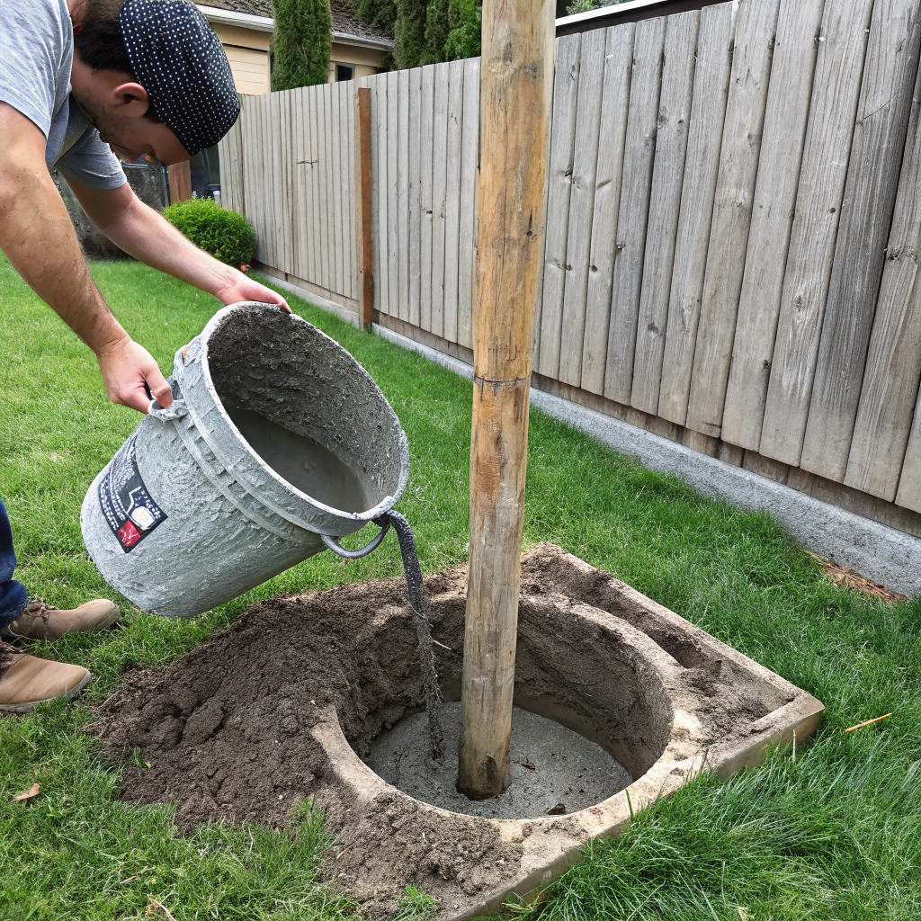 Freshly mixed premix concrete being poured into fence post hole in Newcastle backyard
