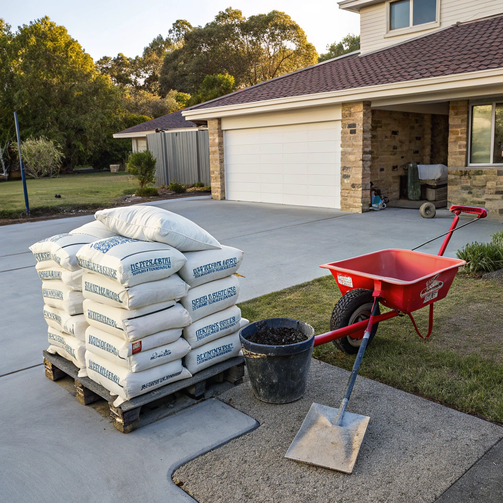 Bags of premix concrete with mixing bucket and tools for DIY projects in Newcastle